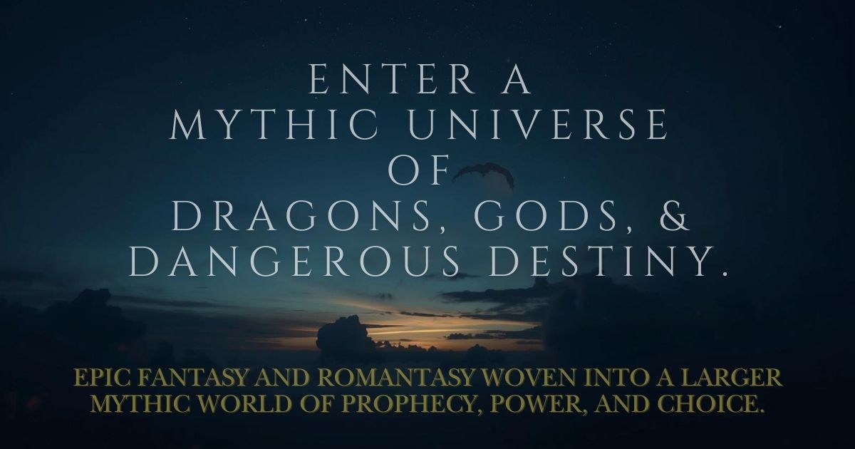twilight sky with dragon flying. text reads: Enter a mythic universe of dragons, gods, and dangerous destiny.